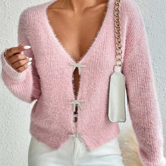 Contemporary soft fuzzy button down knit sweater Cardigan pink - Picture 6 of 6